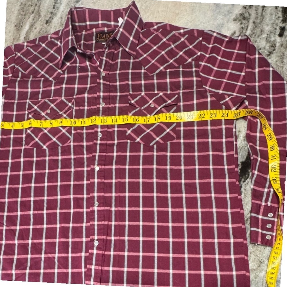 Plains Western Shirt Mens L Pearl Snap Plaid Burgundy Cowboy Southwestern VTG - Picture 4 of 6